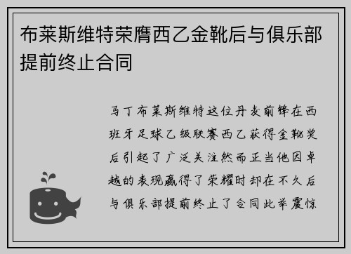 布莱斯维特荣膺西乙金靴后与俱乐部提前终止合同