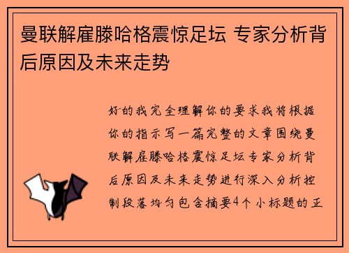 曼联解雇滕哈格震惊足坛 专家分析背后原因及未来走势